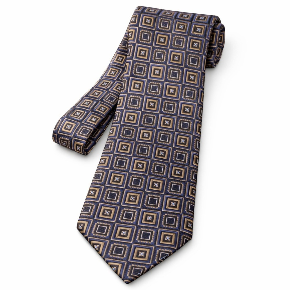 Jos A Bank Traveler Necktie Tie Stain Resistant Silk Geometric Pattern Blue Gold